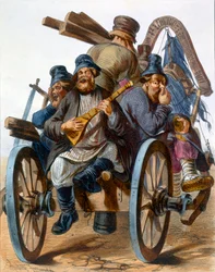 Groupe de paysans ivres chantant en rentrant chez eux sur une charrette, 1843